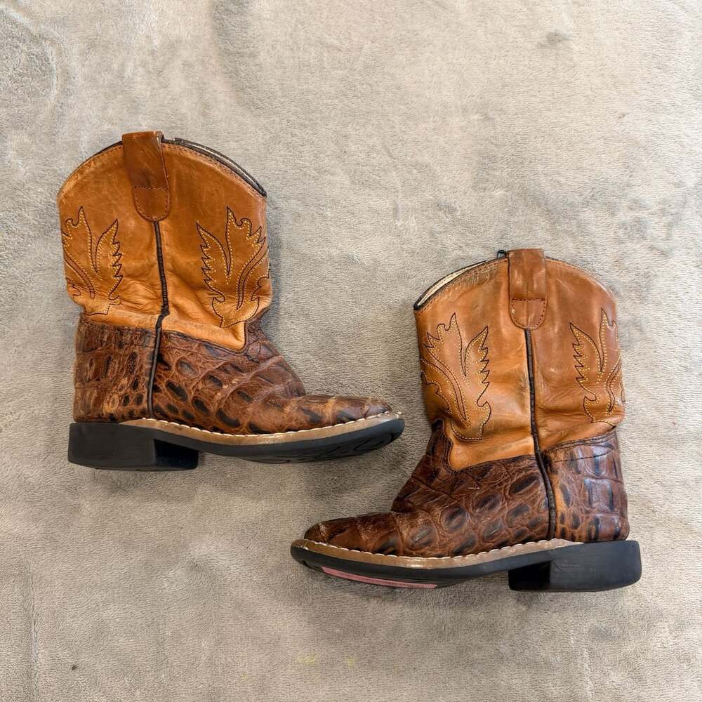 Old West Western Boots Size 7.5 D Brown Gator Print Leather